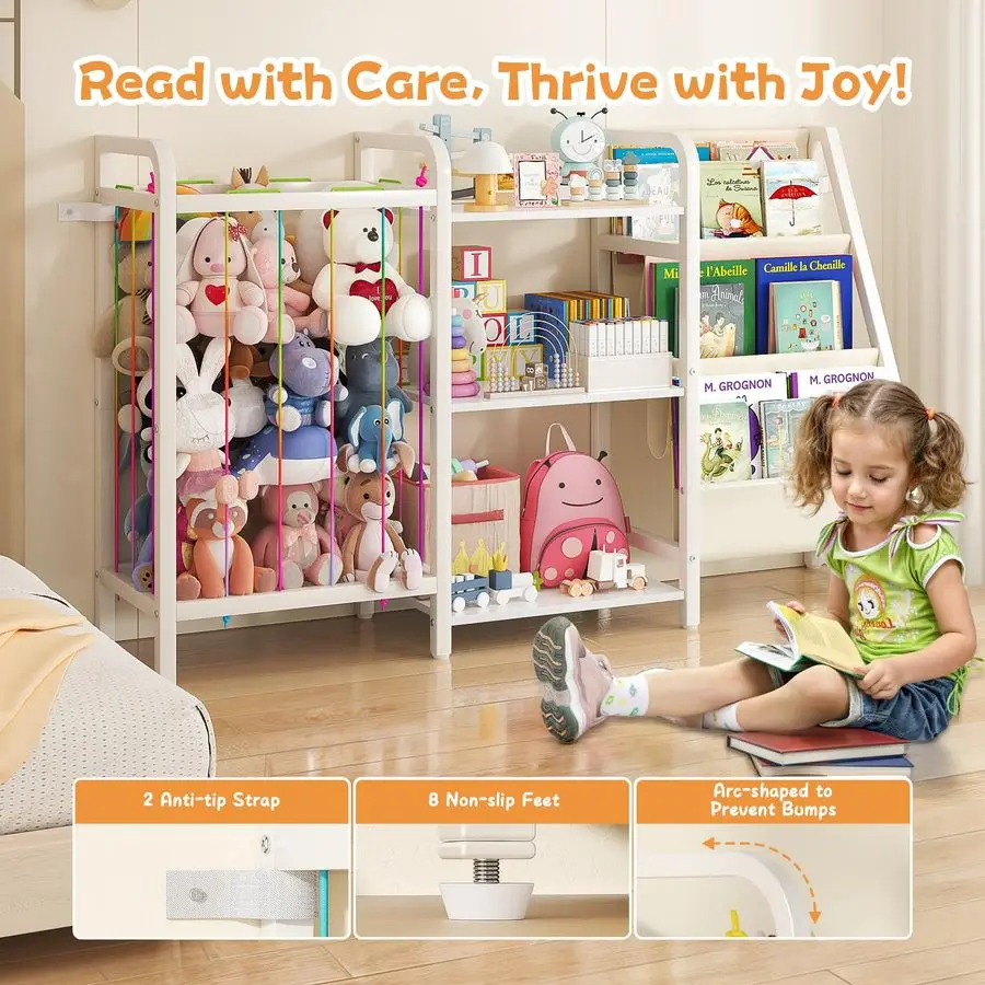 رف كتب للأطفال وتخزين الألعاب، رف كتب من 3 طبقات لغرف الأطفال، خزانة كتب للأطفال مع مساحة تخزين حيوانات محشوة، مونتيسوري تود