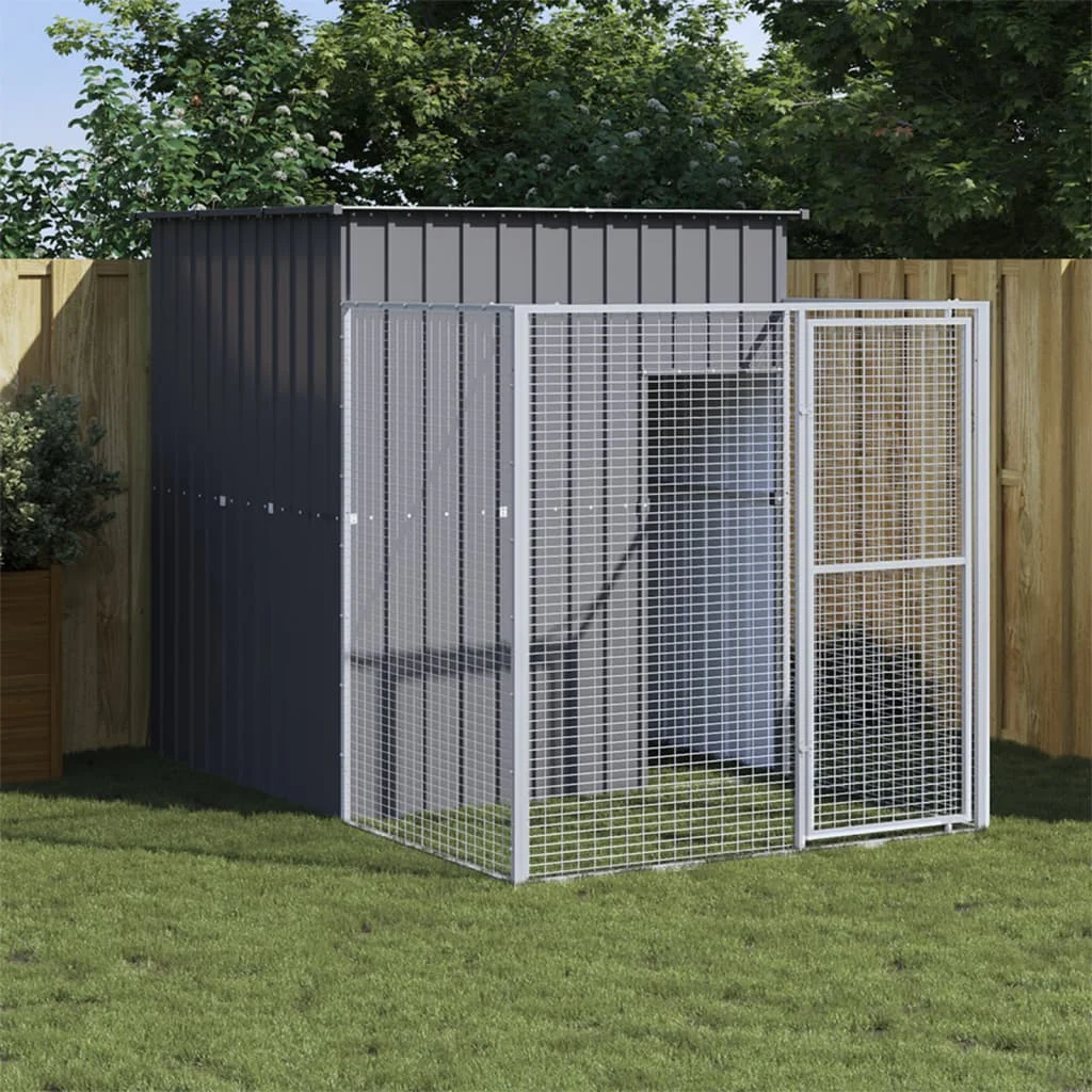 Kennel Large Dog House Outdoor Waterproof Galvanised Steel with Run Anthracite Heavy Duty 165x251x181 cm