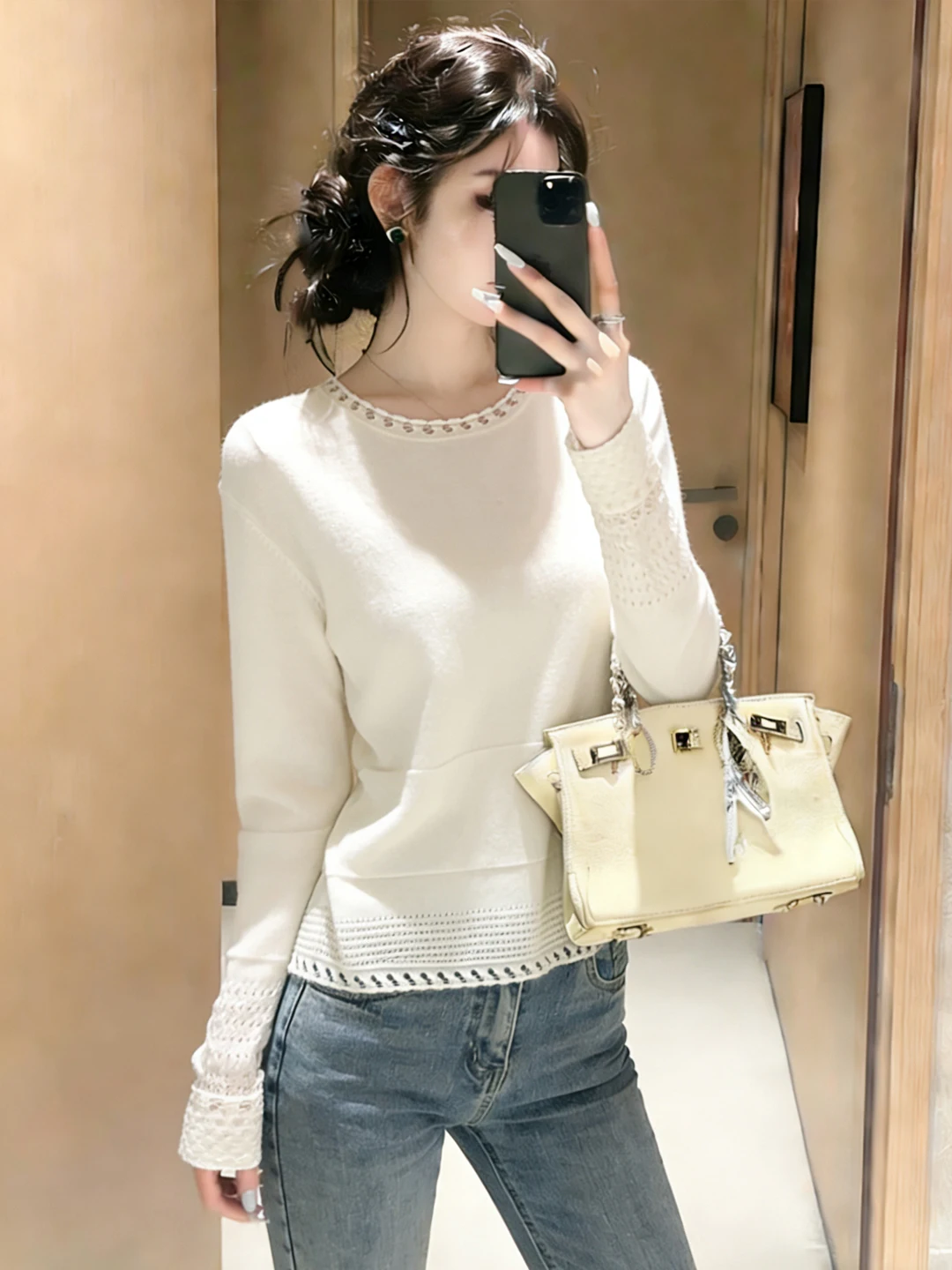 

Early Spring Lace Hollow Long Sleeve Women's Knitted Shirt Luxury Versatile Slimming Korean Style Base Shirt Elegant Top