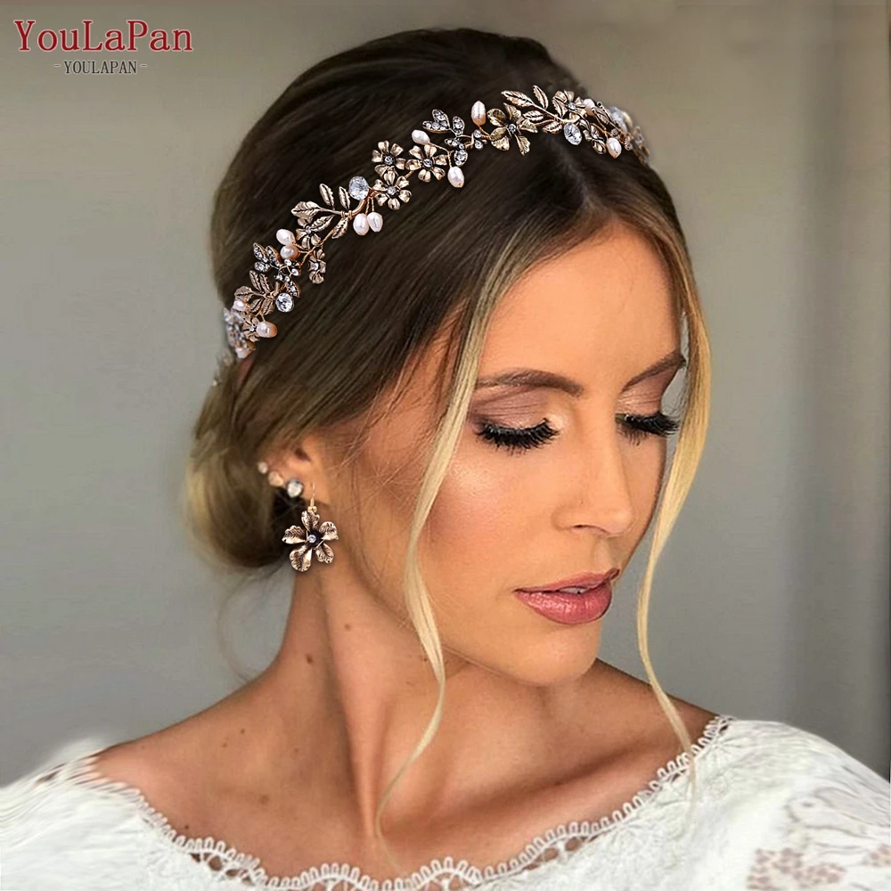 

YouLaPan Crystal Bridal Headband Women Tiara Golden Pearl Headwear Alloy Flower Headpiece Hair Jewelry Hair Accessories HP355