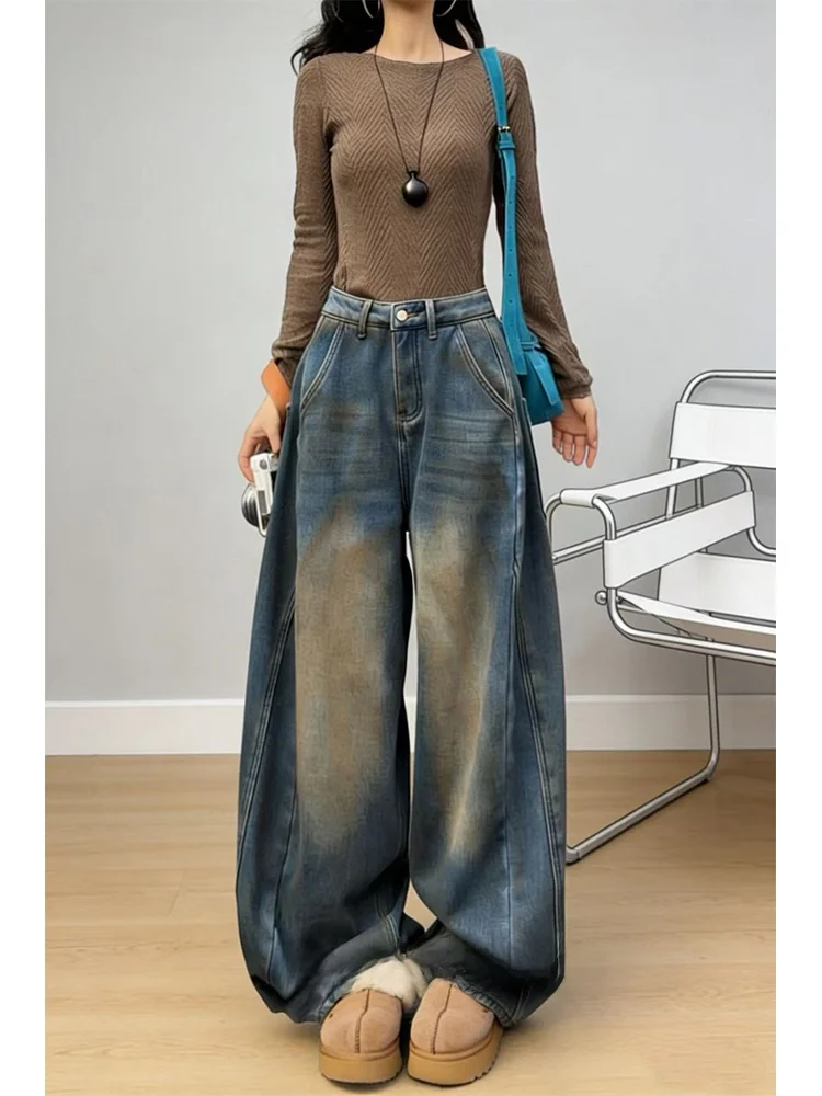 

Ретро джинсы с флисовой подкладкой, двухцветные, женские, с высокой талией, прямые брюки, винтажные, зимние, новинка