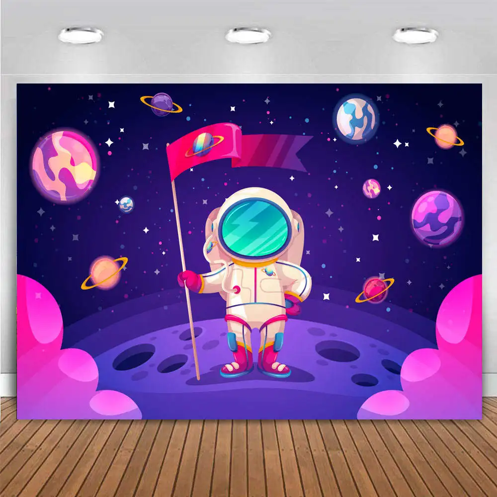 Cartoon Outer Space Backdrop for Baby Shower Newborn Kids Boys 1st First Birthday Party Decor Universe Galaxy Stars Background