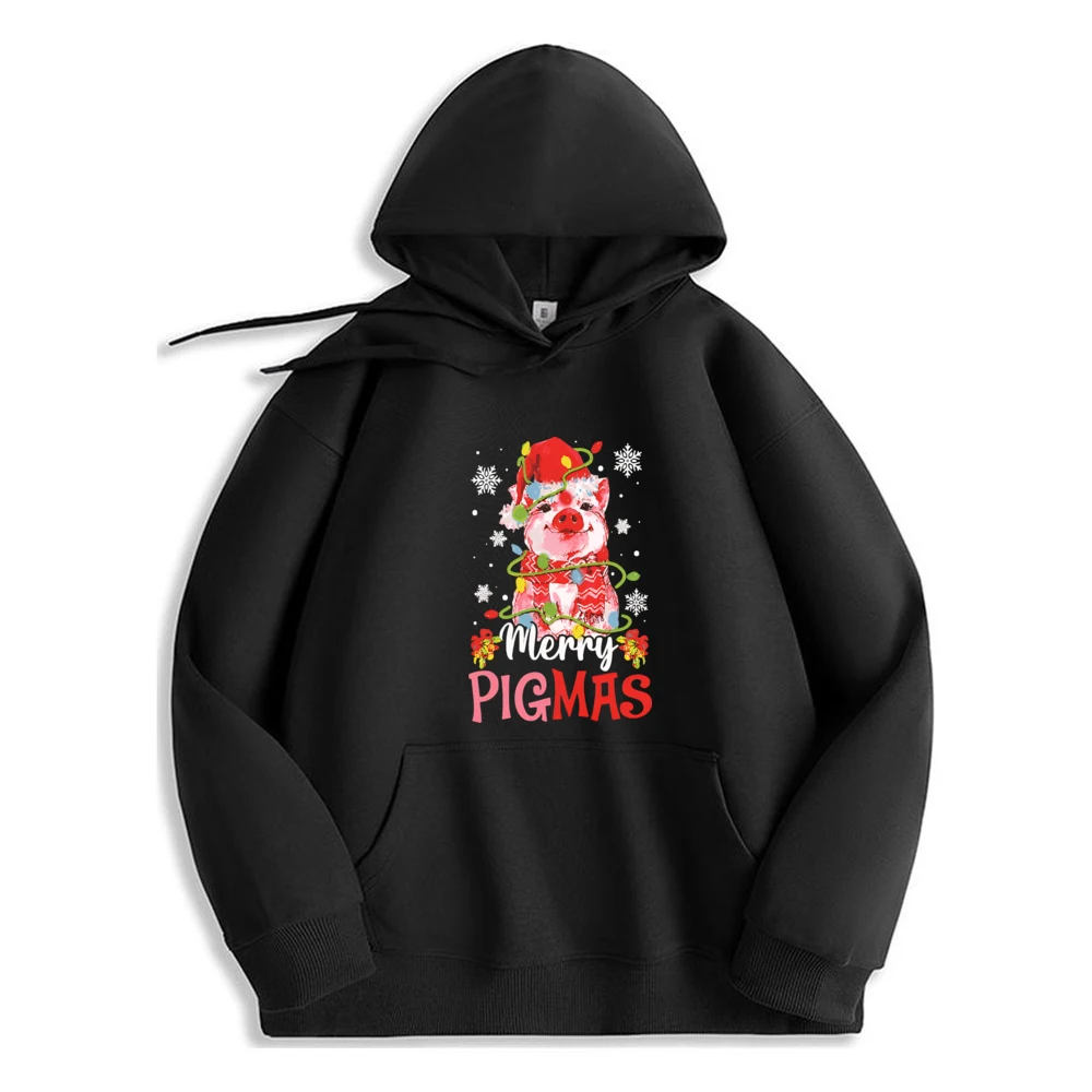

Pig Christmas Merry Pigmas Xmas Light Hoodie High Quality Polyester Fiber Streetwear Trendy Design Sweatshirt