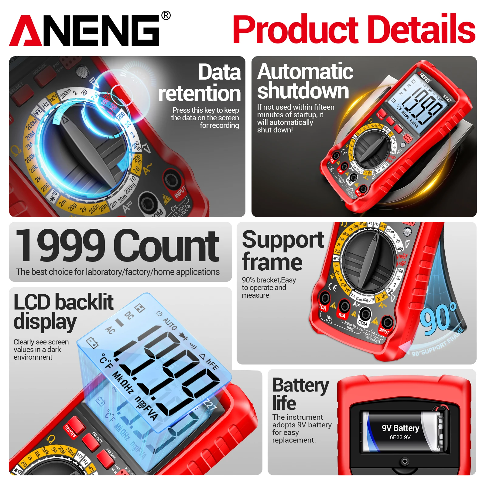 ANENG SZ28 Multimeter 4000 Counts DC AC 2000V Voltage Current Resistance Capacitance Temp NCV hFE Backlight Measuring Tester