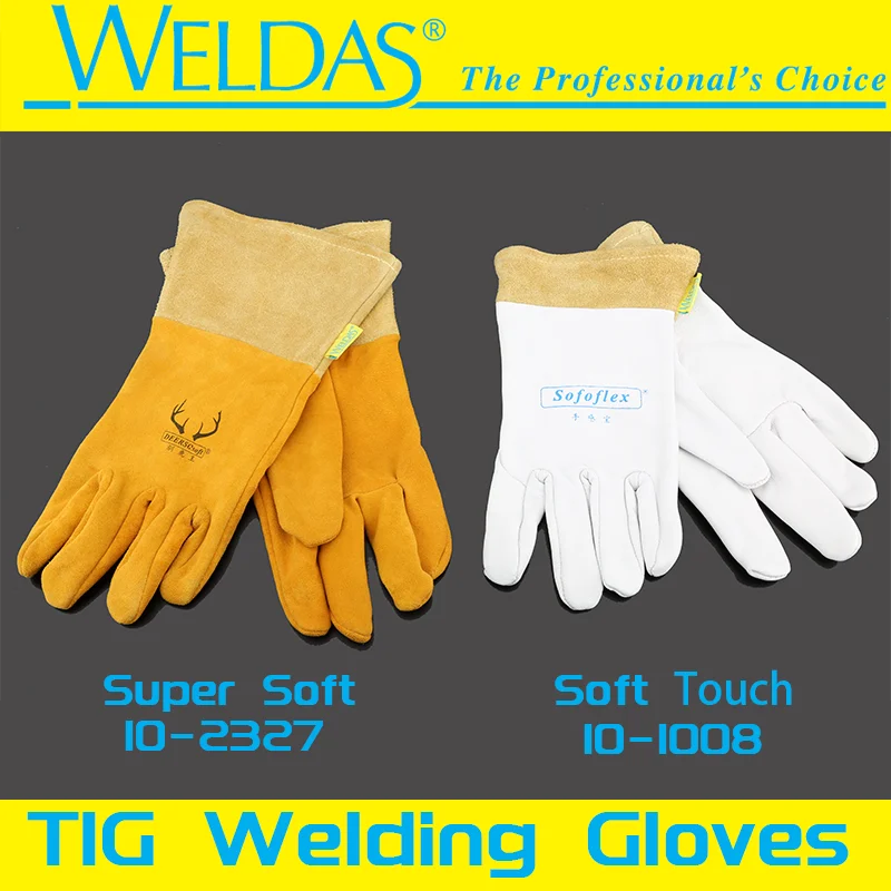 

WELDAS TIG Welding Gloves SOFTouch grain lightweight goatskin welding glove with split cowhide cuff. Seamless index finger
