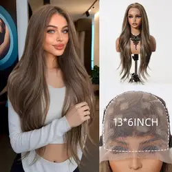 HENRY MARGU Brown Natural Synthetic Lace Front Wigs 13*6 Lace Frontal Wig Blonde Highlight Long Body Wavy Fiber Wigs for Women