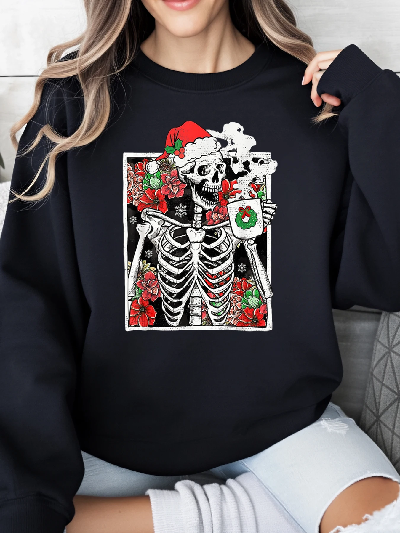 

Толстовка со скелетом Санта-Клауса и рождественским принтом, женская праздничная вечеринка, повседневная одежда, черный, больших размеров