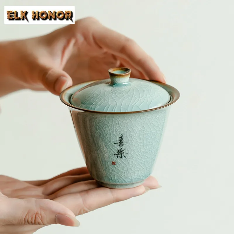 125ml Gracked Glaze Handmade Cover Bowl Zen Handwritten Text Tea Tureen Ceramic Anti-scald Gaiwan Luxury Tea Maker Cafes Gifts