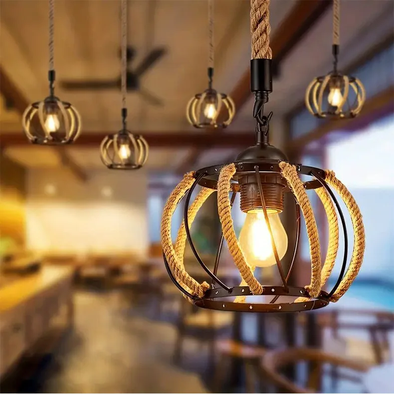 

Woven Hemp Rope Chandelier American Retro Living Room Bedroom Bed and Breakfast Restaurant Simple Creative Lamps
