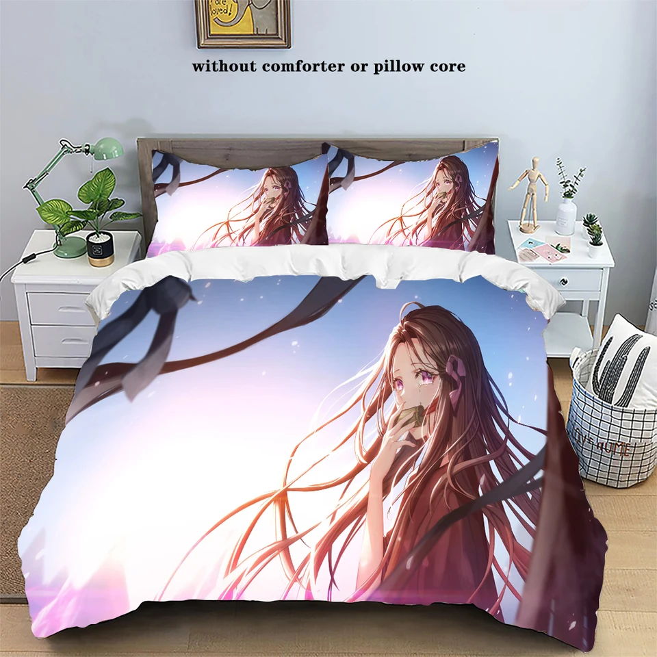 Animé Demon Slayer 3 pièces Tanjirou Nezuko Zenitsu 1 housse de couette et 2 taies d'oreiller