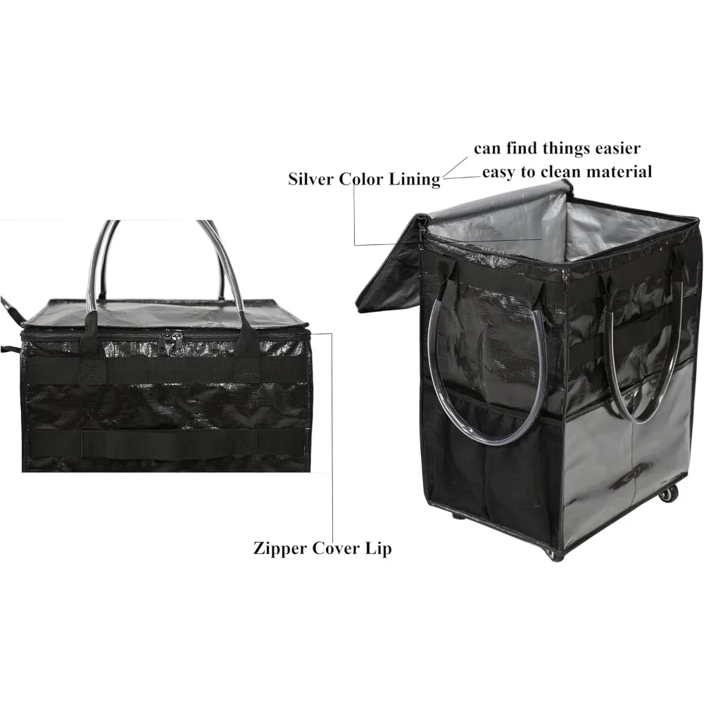 รถเข็นช้อปปิ้งแบบมีล้อขนาดใหญ่พร้อมดีไซน์พับได้ ที่จับแบบรับน้ำหนักได้มาก และช่องเก็บของด้านนอกสำหรับใส่ถุงช้อปปิ้งแบบใช้ซ้ำได้