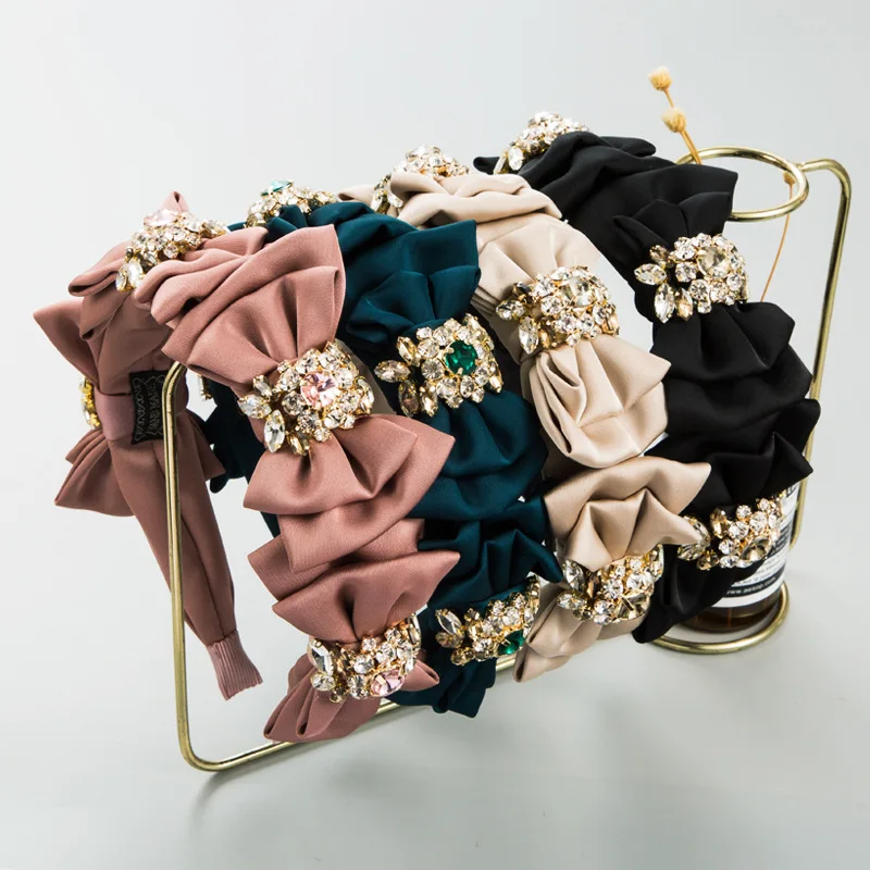 Heming headband, new multi-layer bow with diamonds, hair hole, femininity, celebrity satin fabric headband.
