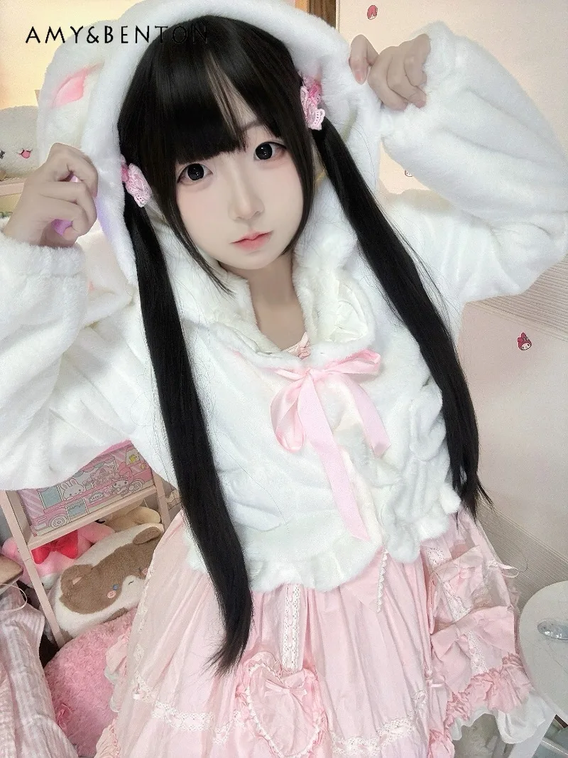 Original Cute Bunny Ear Hooded Plush Jackets for Women Winter New Lolita Jackets Sweet Girl Bowknot Ruffle Soft Short Jacket
