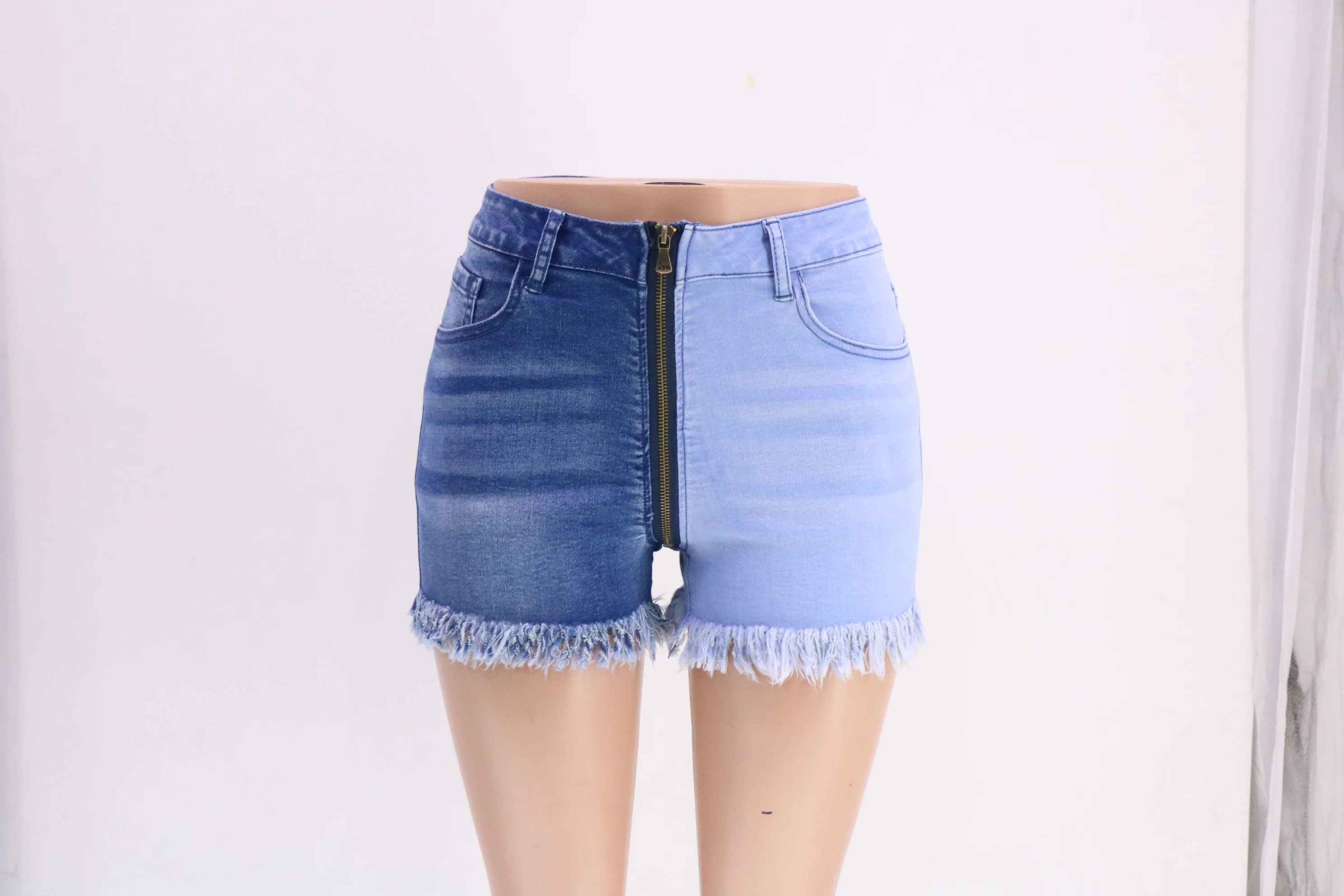 Shorts jeans de cintura alta femininos, splicing com zíper, jeans casual, moda de rua, primavera e verão, 2023