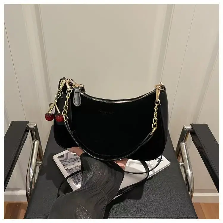 Solid Color Underarm Bag With Cherry Pendant, Chain Strap Baguette Shoulder Purse