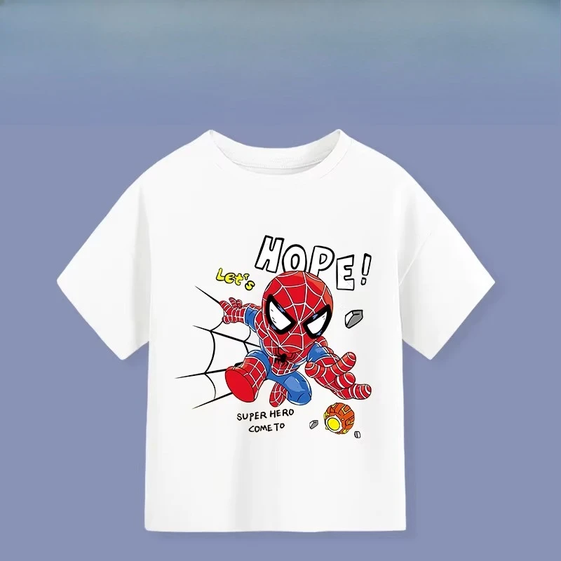 

Летняя детская футболка Marvel из 100% хлопка, мягкая дышащая ткань, принт с изображением Человека-паука в Q-версии, подходит для повседневной носки.
