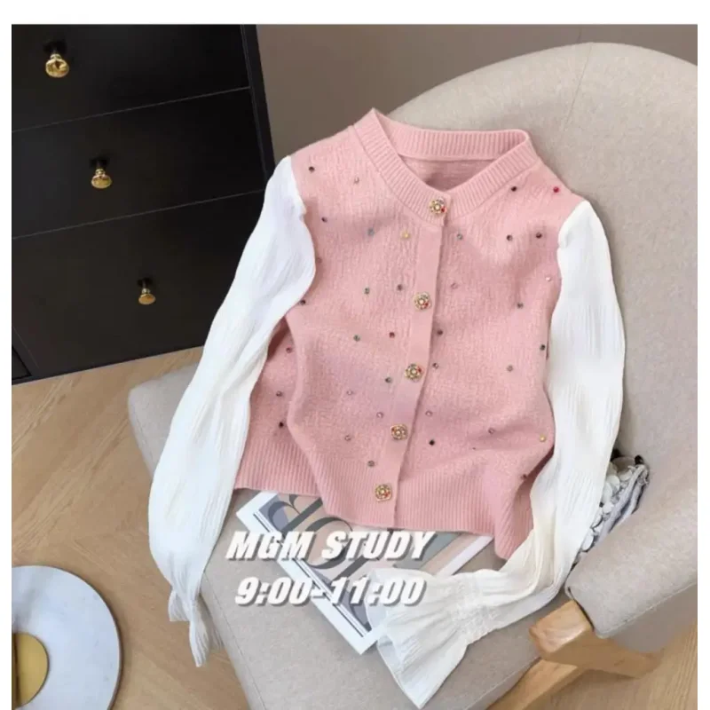 

Весенний сверкающий 3D маленький свитер с ромбовидными бусинами, женская вязаная рубашка с рукавами, модный универсальный топ