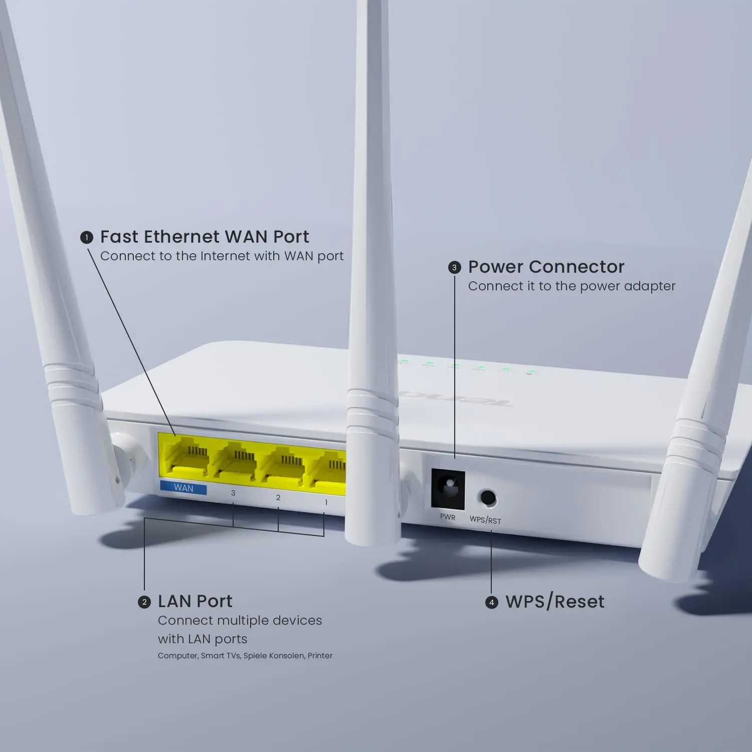 Tenda F3 WLAN Router N300 For Connection to Cable/DSL Fibre Modem 3x5dBi External Antennas 2.4GHz 300Mpbs Mini Home Wifi Routers