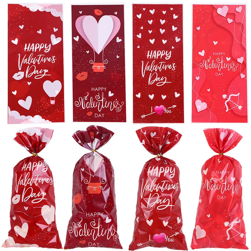 20/50pcs Valentine's Day Heart Gift Bags Plastic OPP/Organza Candy Cookie Bag Valentines Day Party Decoration Favor Supplies