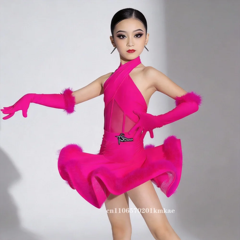 Latein-Tanzkleid für Mädchen mit Federn, Kinder-Cha-Cha-Rumba-Wettbewerbskostüm, Bühnenoutfit für Tanzwettbewerbe