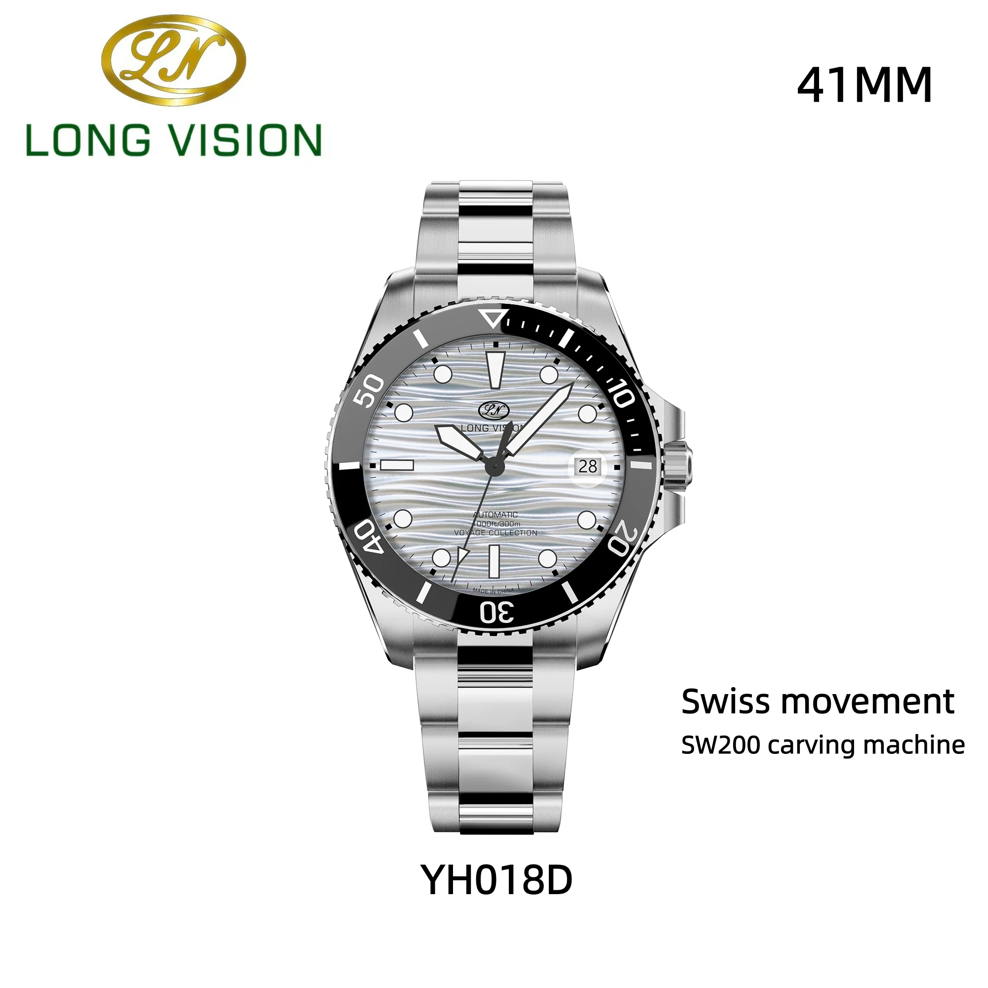 Long Vision Men's Automatic Watch YH018D YH019D Swiss SW200 Movement Wave Dial Luxury Business Diving Mechanical Wristwatch