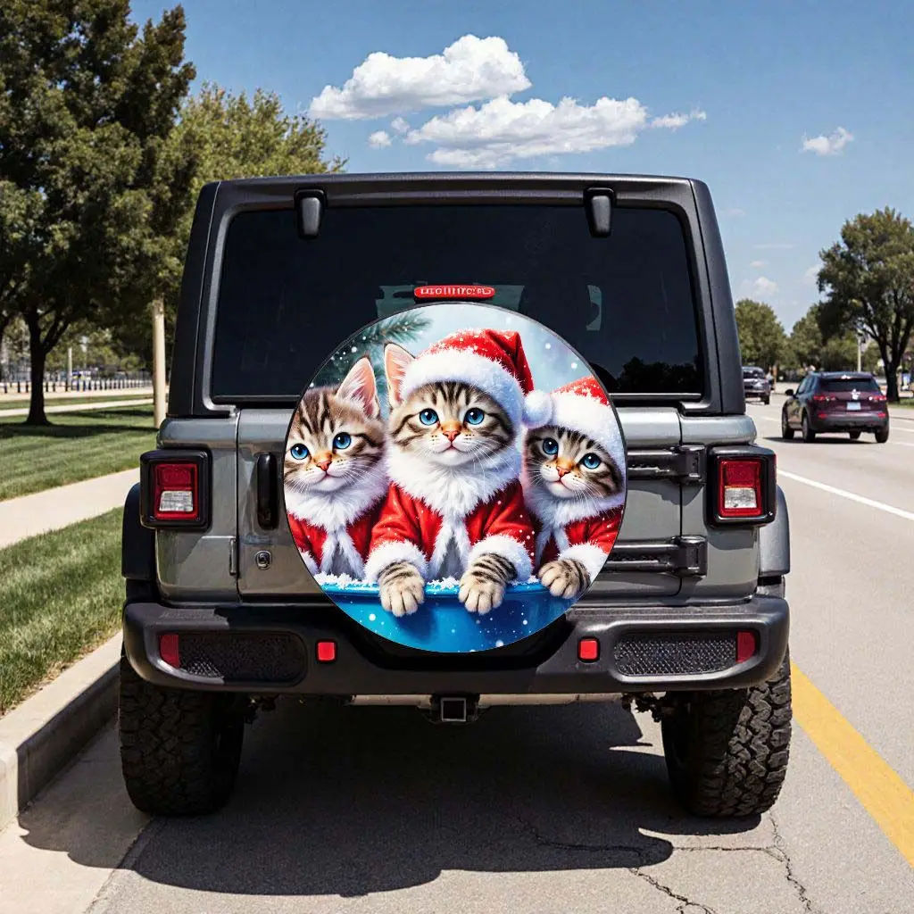 Cute Christmas Kitten Santa Tire Cover Durable All-Weather Spare Wheel Cover