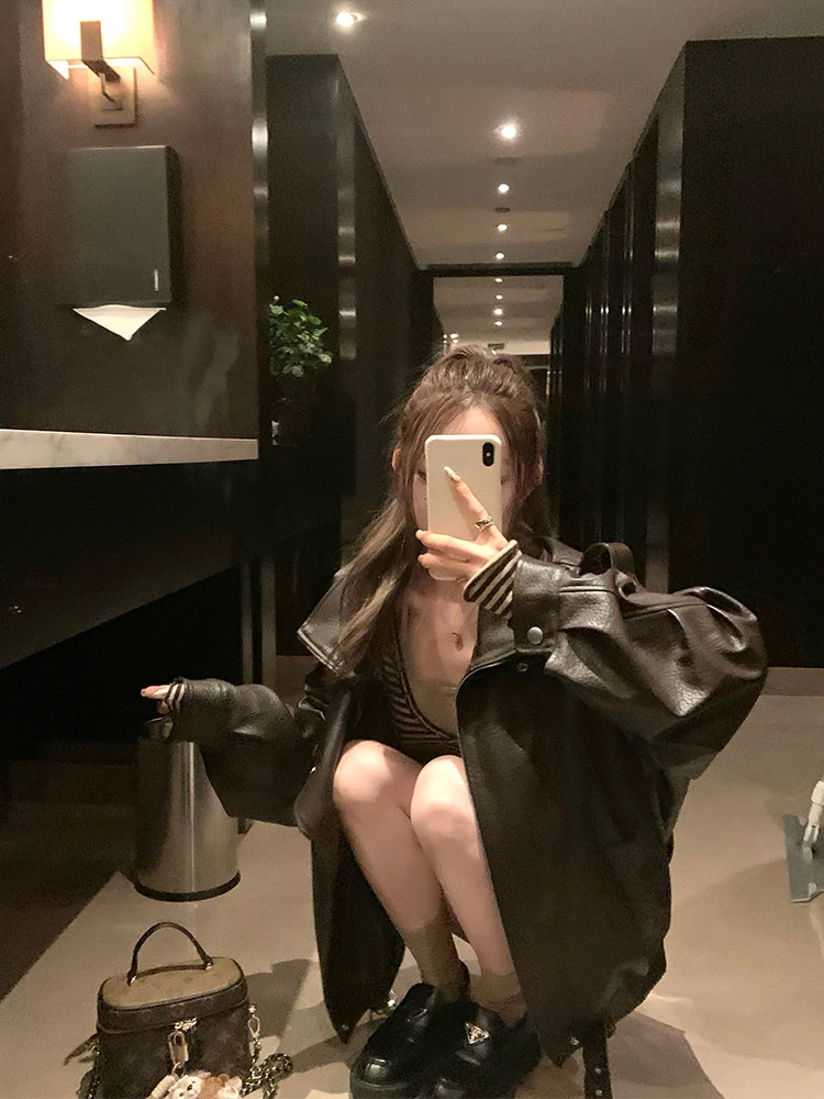 Vintage kurtka motocyklowa z motywem małpy, skórzana, damska, z kołnierzem, młodzieżowa, wykonana z PU, nie dostępna w sklepach.