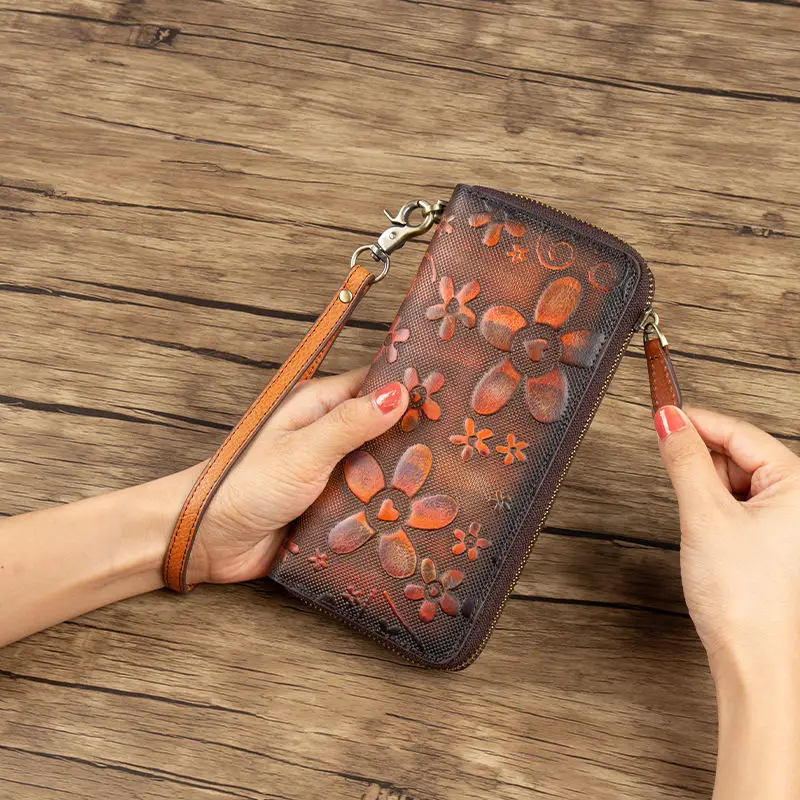 Nuevo Cartera larga para mujer, cartera Vintage hecha a mano de piel de vaca con cremallera, monedero de gran capacidad para