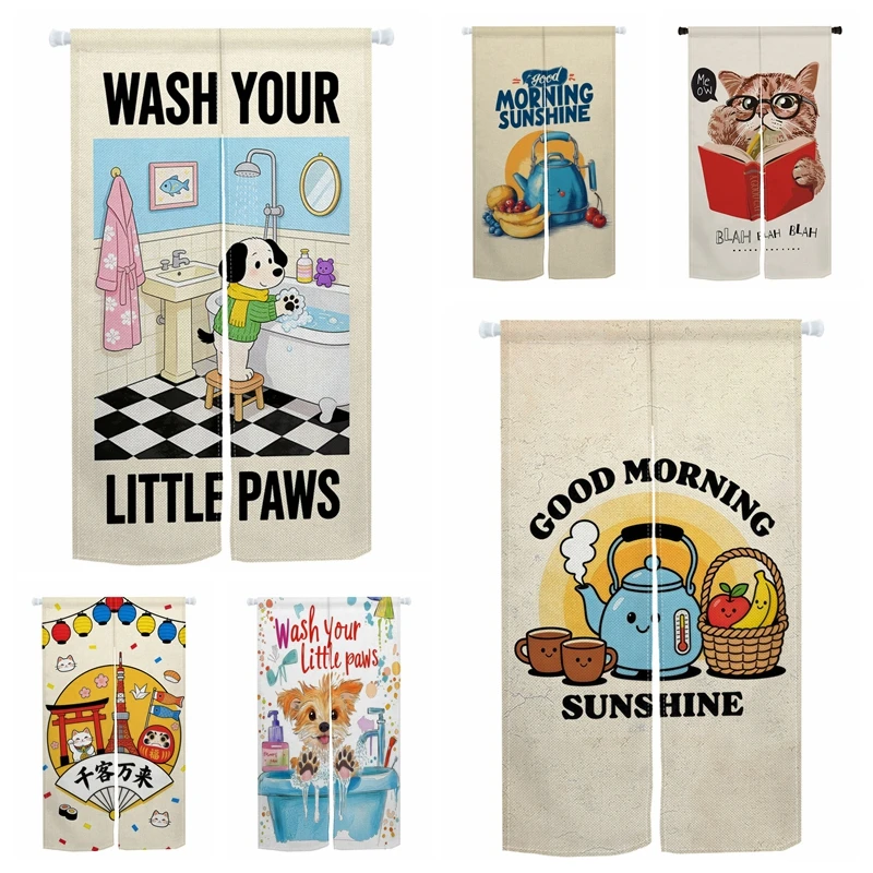 Cute Pet Noren Door Curtain Sunshine Quote Design Linen Doorway Curtains Home Decor Room Partition Kitchen Entrance Half Curtain