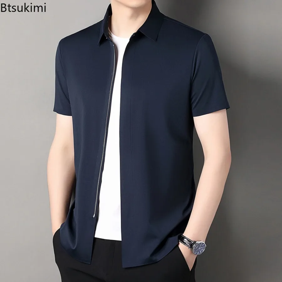 

Новые мужские деловые повседневные рубашки с коротким рукавом, летние однотонные кардиганы на молнии, высокоэластичные устойчивые к морщинам мужские классические рубашки