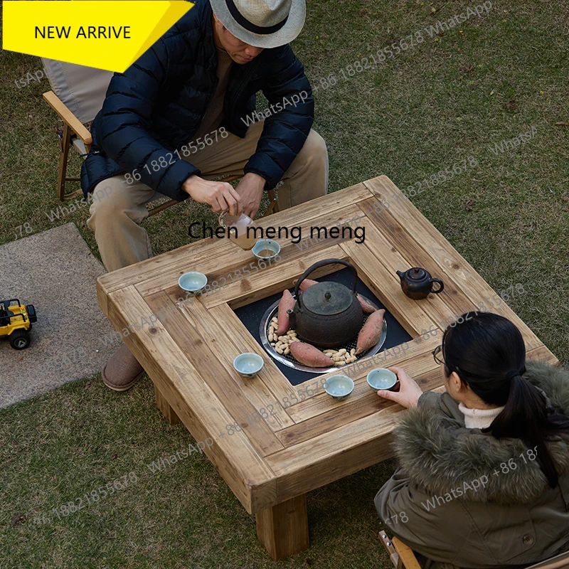 M138 Square Fire Pit Tea Table for Balcony Home Use, Heating and Warming Low Table, Vintage Natural Wood Style Tea Side Table