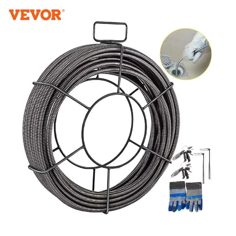 VEVOR Drain Pipe Dredger Brush Extension Spring 15/23/30M Cleaning Plunger Unblocker Compression Cable with Connector Household