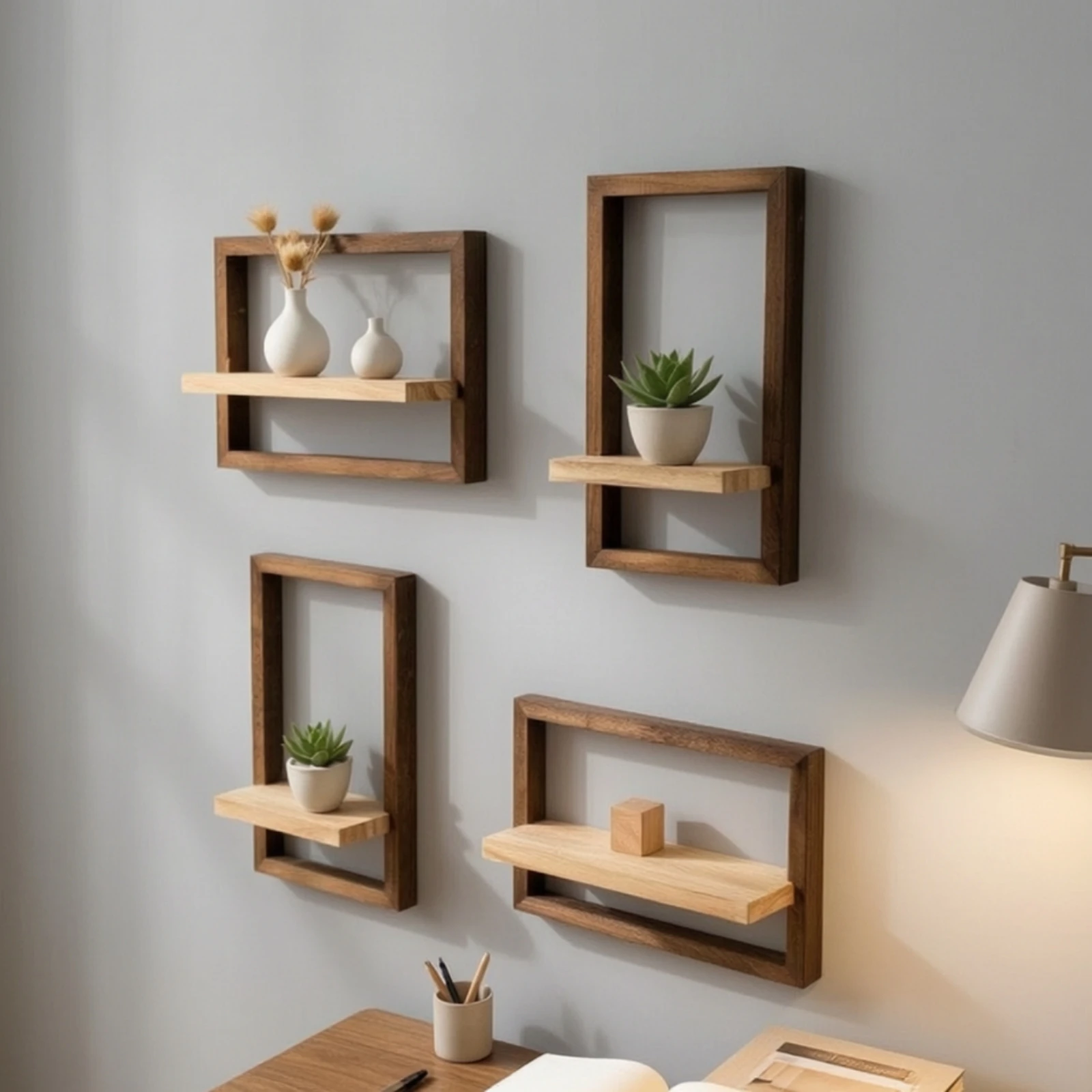 4 Pieces Floating Shelves with Rectangular Frames Space-Saving Wooden Floating Shelves Hanging Shelf Stylish for Living Room