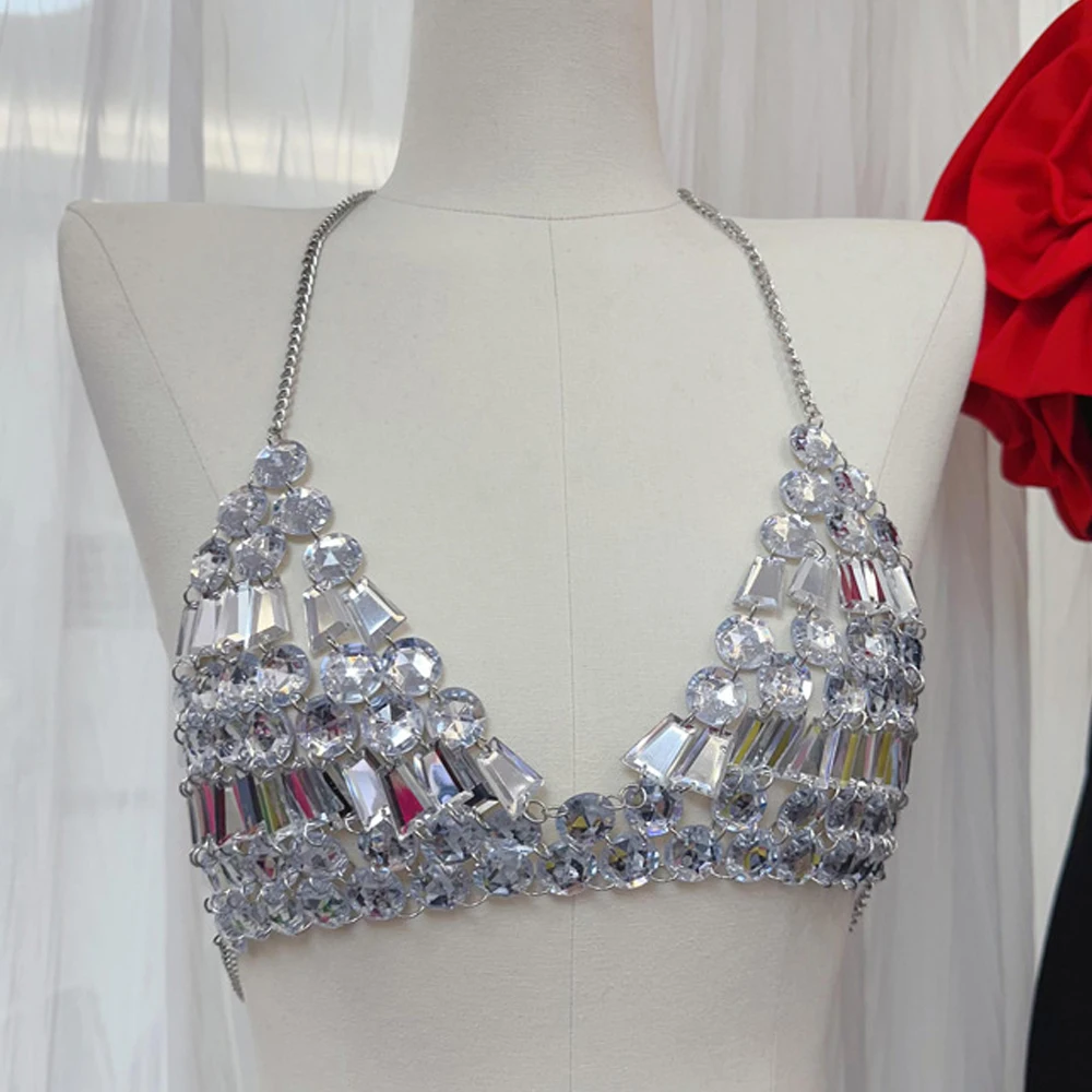 Sexy Geometric Rhinestone Bra Chain Top Women Lingerie Decoration Festival Acrylic Bikini Chest Chain Harness Party Body Jewelry