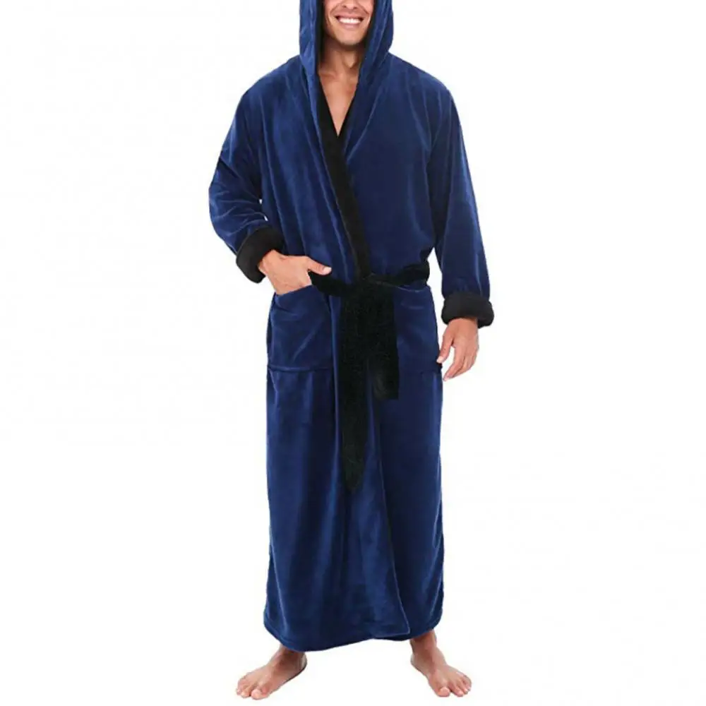 Men Bathrobe Pockets Sleepwear Soft Men Coral Fleece Color Block Long Bath Robe Home Gown Autumn Winter Plush Bathrobe Sleepwear