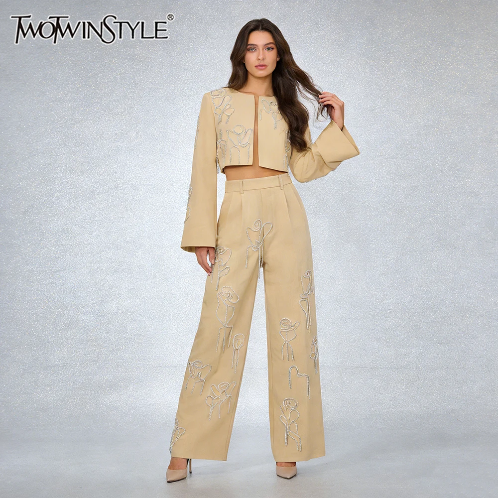 

TWOTWINSTYLE Lightkhaki Two Piece Set for Women Long Sleeve Beading Decoration Cardigan Wide Leg Pant Suit for Luxurious Party