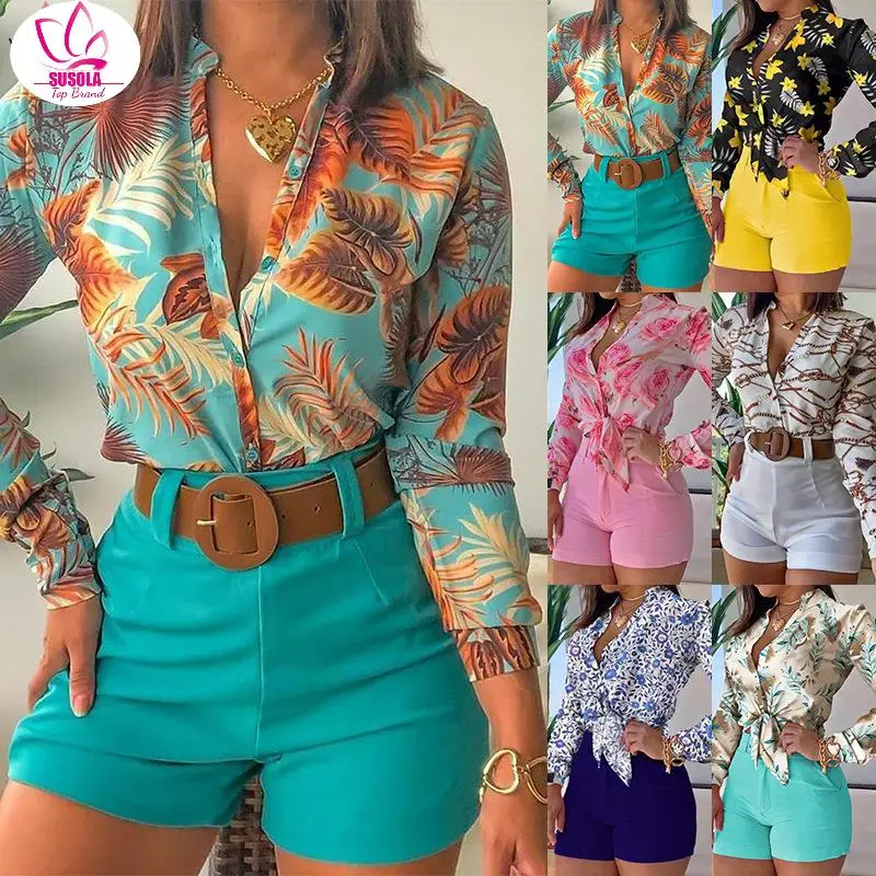 SUSOLA Shorts Sets Long Sleeve Printing Sets Womens Outfits Matching Sets High Waist Shorts Two Piece Set Women's Summer Suit