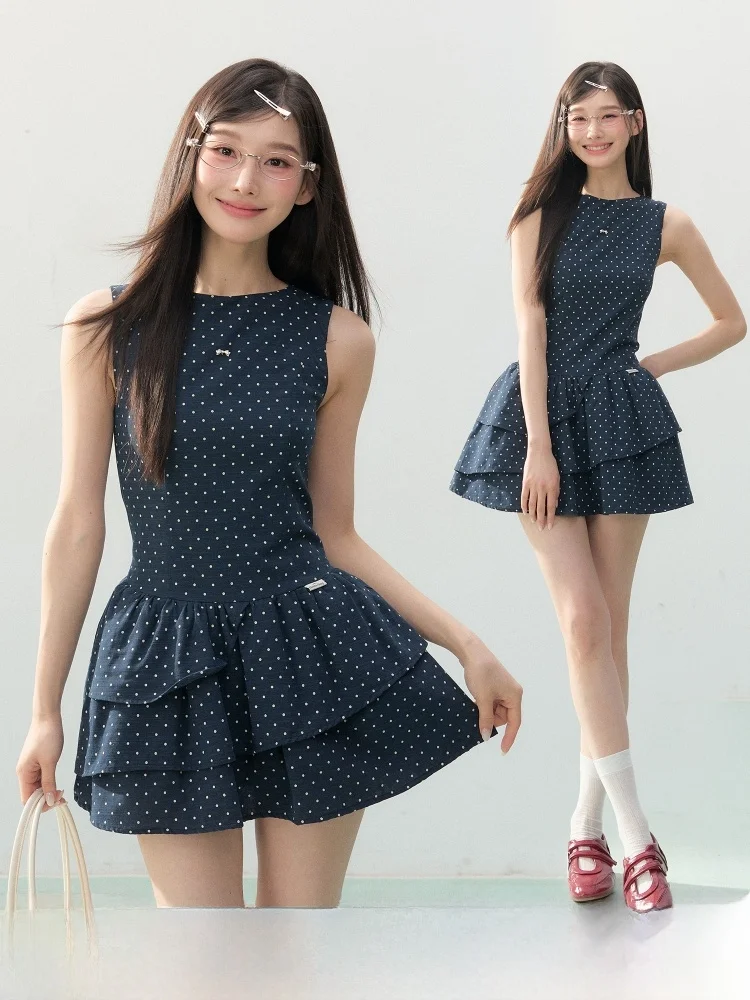 

ELEVEN SP Summer Polka Dot Dr Women's Korean College Sle High Waist A-Line Skirt Svel Zipper Ba Closure Dr