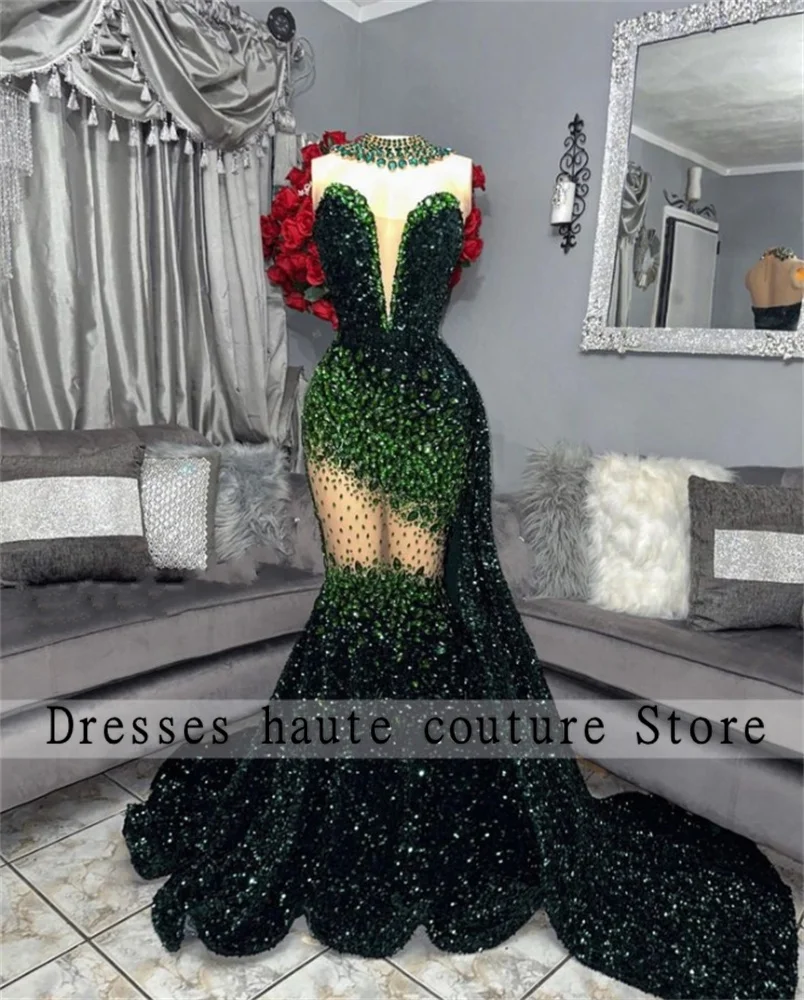 Aso Ebi Emerald Green Sequins Mermaid Evening Dresses 2024 Luxury Crystal African Style Weeding Party Gowns Formal Prom Dresses