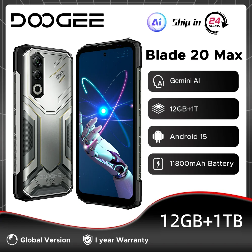 Global Version DOOGEE Blade20 Max Rugged Phone 36GB+1TB 6.6'' 120Hz Display 11800mAh Battery MTK Helio G100 64MP Camera NFC