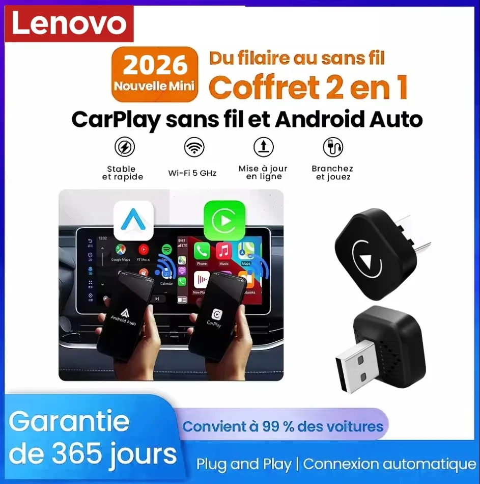 

Беспроводной адаптер CarPlay 2-в-1 Lenovo, беспроводной адаптер Android Auto, AI Smart Box, интеллектуальные автомобильные системы для автомобилей с проводным CarPlay