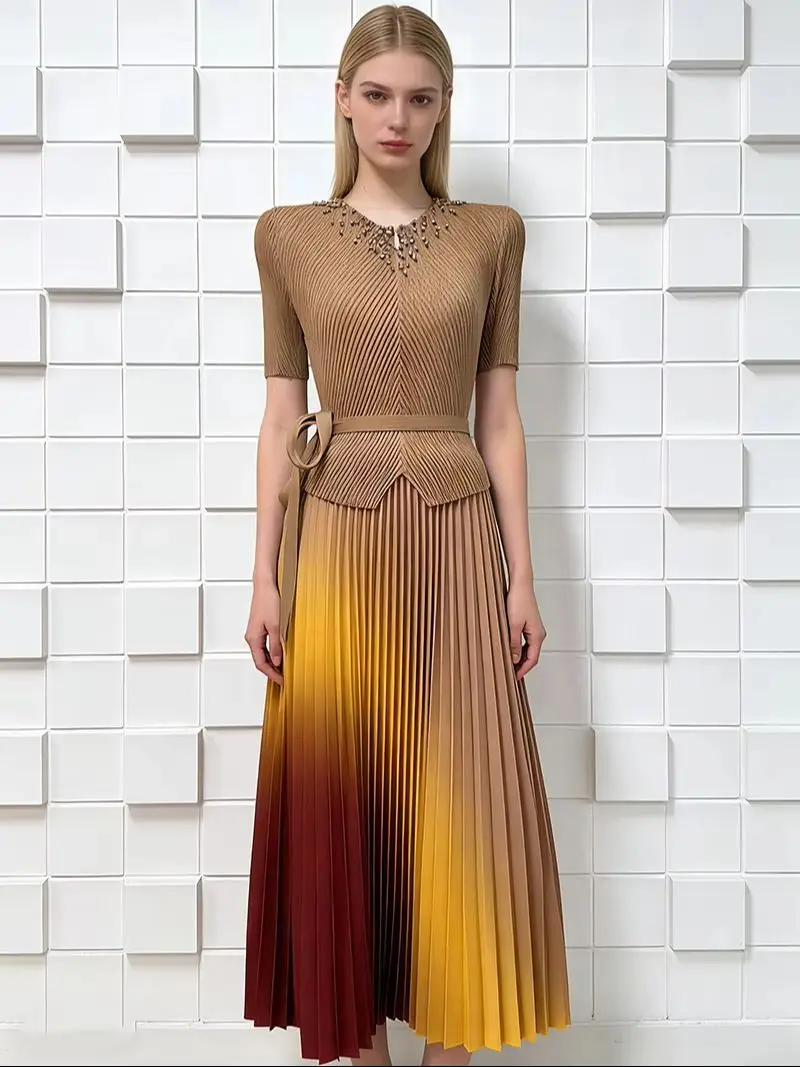 Miyake Women's Gradient Print Pleated Dress V-Neck Beaded Summer Fashion Loose Slim Fit Medium Length 2026 New
