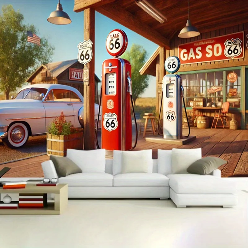 Retro Gas Station Party Backdrop Vintage Style Tapestry  Polyester Background Cloth with Classic Car and Route 66 Signs