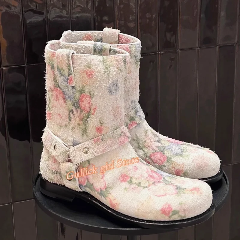 

Замшевые ботильоны с цветочным принтом, круглый носок, без шнуровки на низком каблуке, мода 2025 года, зима-осень, подиумная женская модельная обувь, реальное изображение ручной работы
