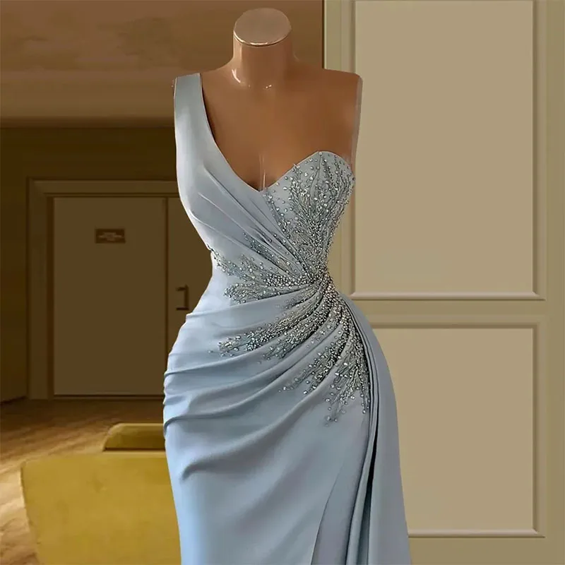 One Shoulder Beaded Evening Dresses Light Sky Blue Satin Ruched Formal Occasion Party Gowns Sexy Front Split Prom Dress