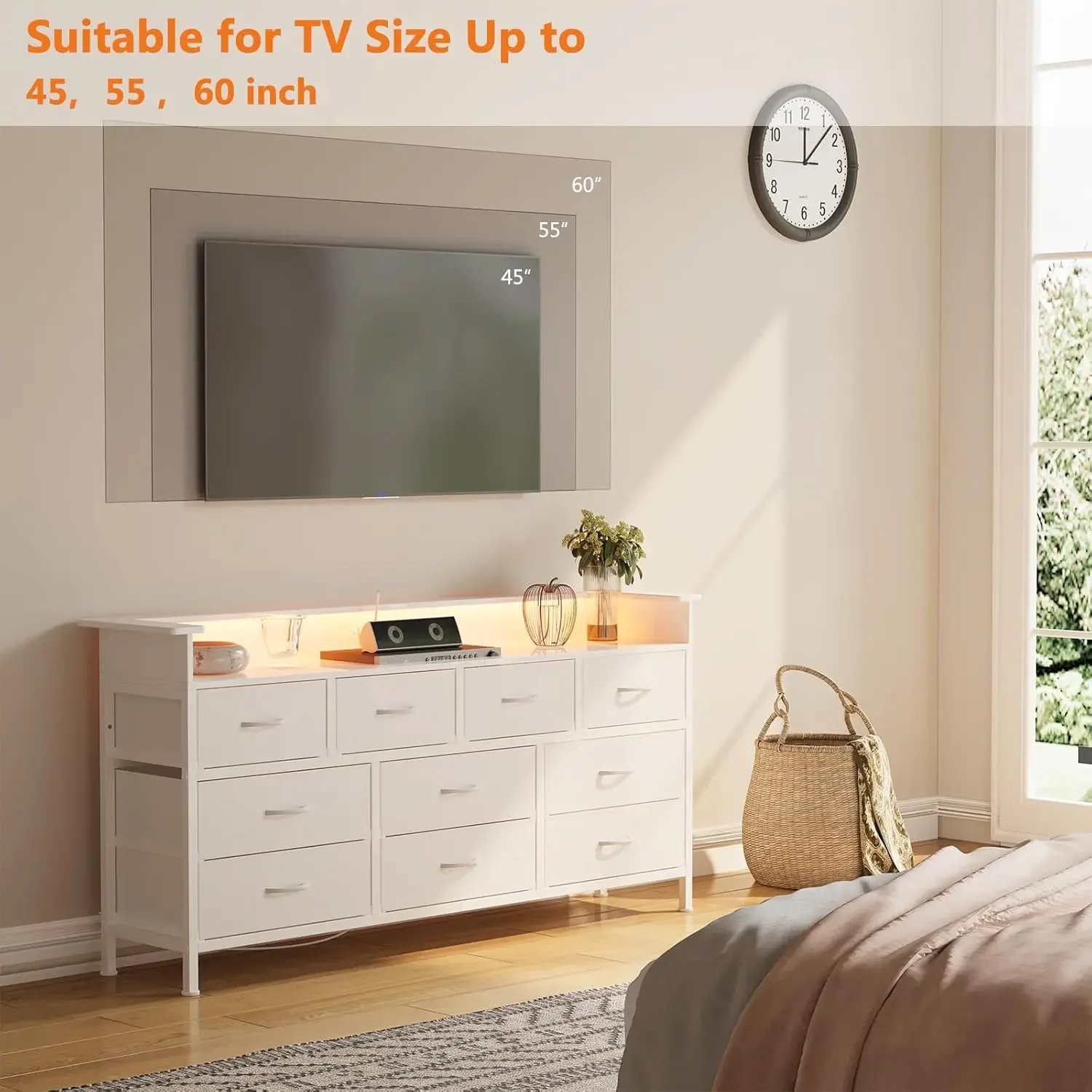 

Dresser TV Stand with Power Outlet for 55'' TV,Long Dresser for Bedroom with 10 Drawers,Wide Console Table for Storage in Closet
