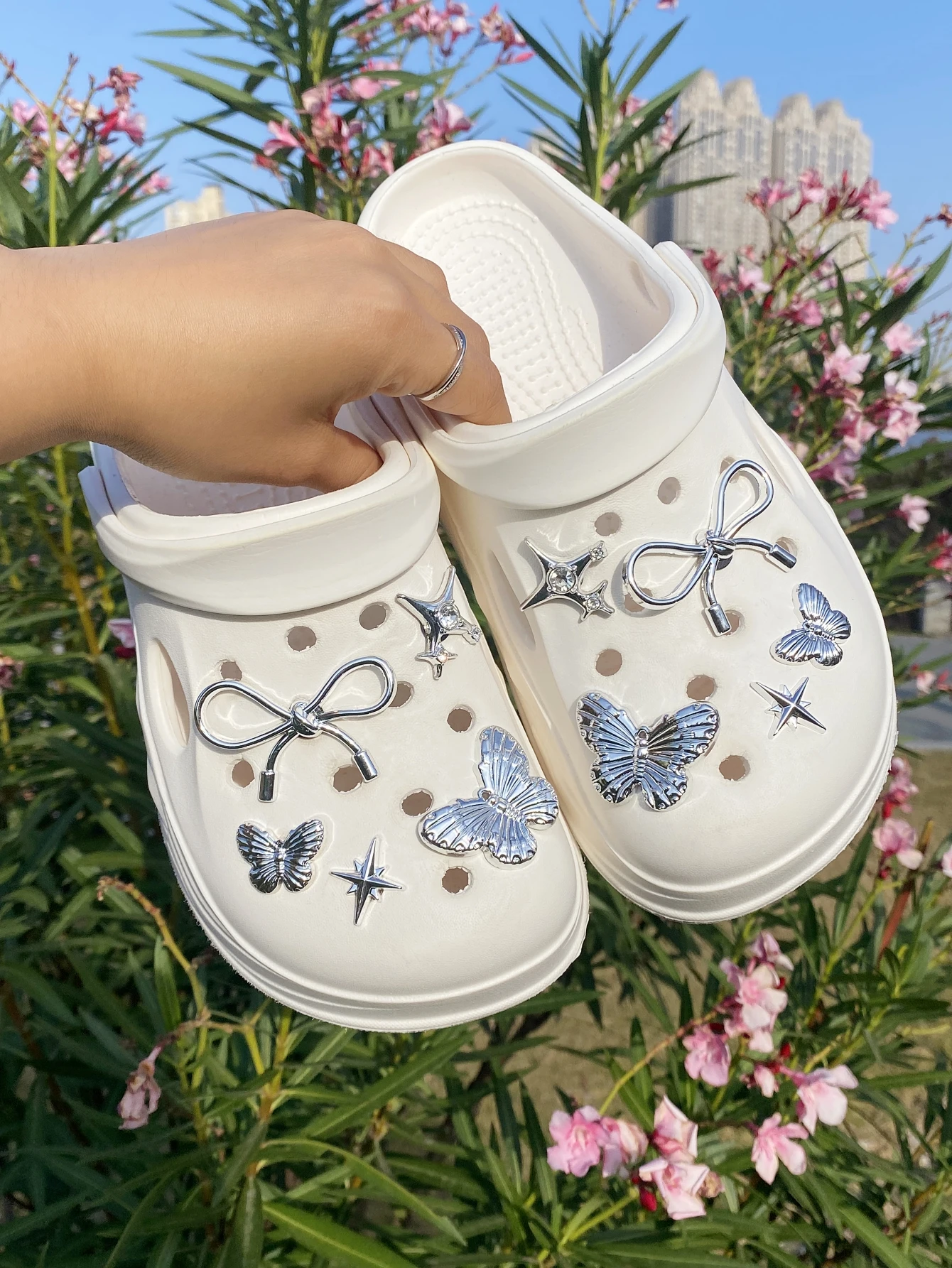 10 silver (bow, big butterfly, small butterfly, dotted diamond star) ABS resin shoe buckles, golden rhinestone chain DIY decorat