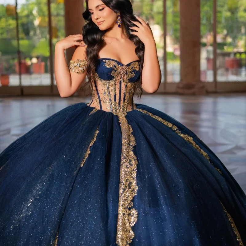 

Shiny Dark Blue Quinceanera Dresses Off the Shoulder Glitter Crystal Decal Long tail Vestido e 15 Quinceanera Customize