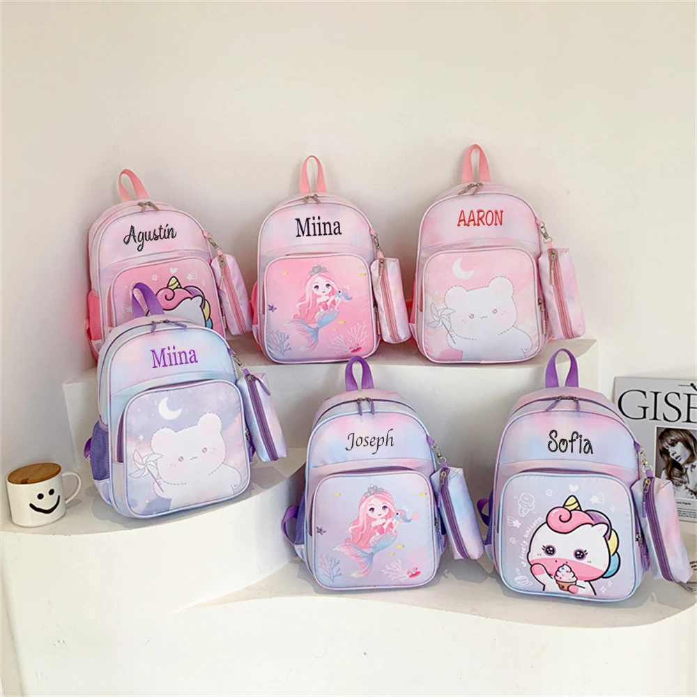 

Personalized Name Cute Backpack Girls' Kindergarten Cartoon Bear Unicorn Mermaid Backpack Large Capacity Little Girl's Bookbags