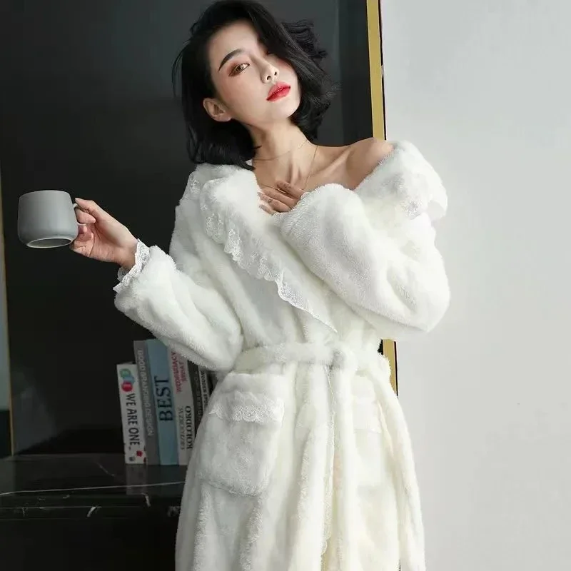 Women Dressing Gown Autumn Winter Thicken Warm Female Coral Velvet Pajama Dress Long Outer Loungewear Set V-neck Lace Edge Robes